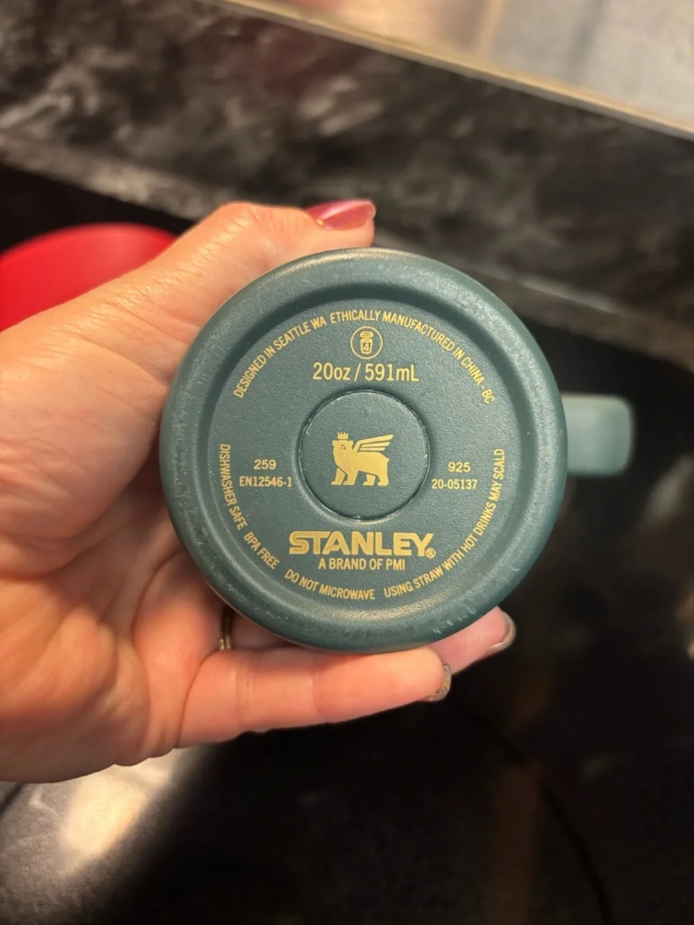 Stanley Green Travel Mug with Gold Logo and Red Holly - Picture 4 of 6